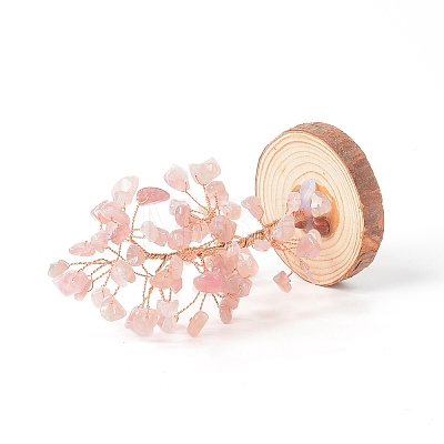Natural Rose Quartz Chips with Brass Wrapped Wire Money Tree on Wood Base Display Decorations DJEW-B007-05G-1
