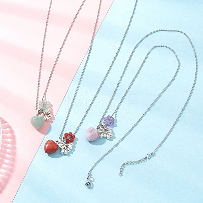 3Pcs 3 Styles Natural Green Aventurine & Carnelian & Lepidolite/Purple Mica Stone & Red Jasper Heart Pendant Necklaces for Women NJEW-TA00215-1