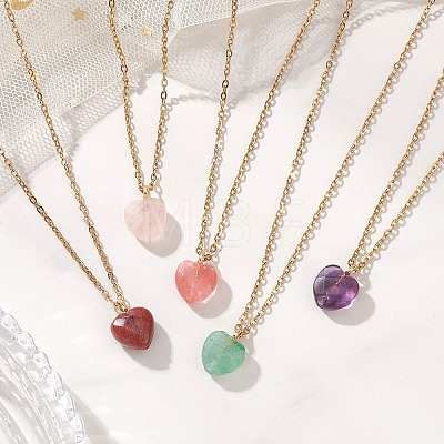 Cherry Quartz Glass & Natural Red Rainbow Jasper & Green Aventurine & Amethyst & Rose Quartz Heart Pendant 304 Stainless Steel Cable Chain Necklaces for Women NJEW-JN05796-1