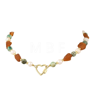 Raw Rough Natural Amber & Round Green Line Jasper & Potato Pearl Beaded Necklaces with Brass Screw Carabiner Lock Charms NJEW-JN06583-02-1