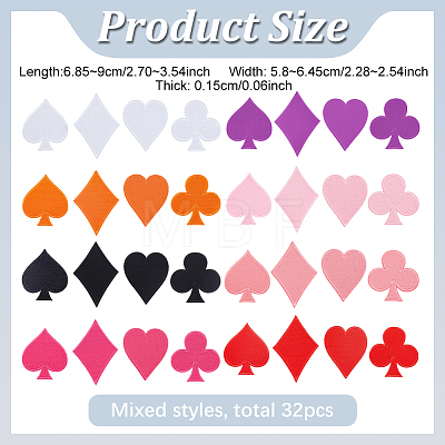 32Pcs Playing Cards Element Cotton Embroider Thread Iron on/Sew On Patches PATC-WH0023-90-1