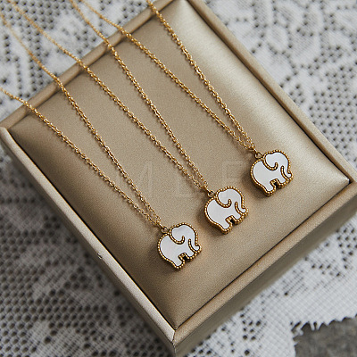 304 Stainless Steel & Dyed Natural Shell Black White Double Sided Elephant Pendant Cable Chain Necklaces for Women WGC210C-01-1