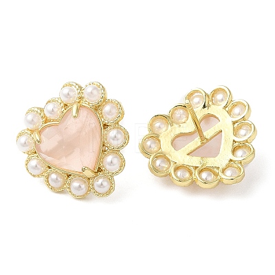 Natural Rose Quartz Heart Stud Earrings with Plastic Pearl Beaded EJEW-E599-02G-03-1