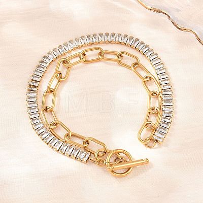 304 Stainless Steel Pave Clear Cubic Zirconia Tennis Chain Paperclip Chain Necklaces with OT Clasps NJEW-D326-02G-1