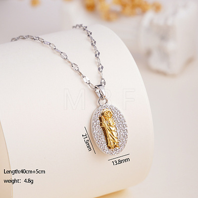 Two Tone Brass Micro Pave Clear Cubic Zirconia Religion Oval with Saint Judas Pendant Necklaces with 304 Stainless Steel Dapped Chains for Women WGEFA72-04-1