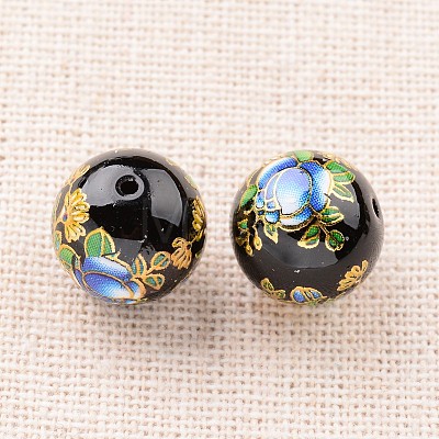 Flower Picture Printed Glass Round Beads GLAA-J087-12mm-A08-1
