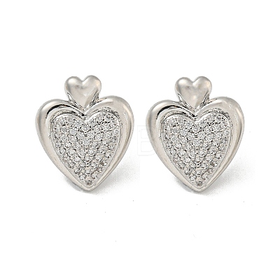 Heart Brass Pave Clear Cubic Zirconia Stud Earrings for Women EJEW-N054-39P-1