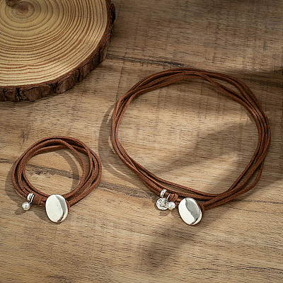 2Pcs 2 Styles Alloy Rectangle PU Leather Layered Cord Choker Necklaces for Women NJEW-CL0001-34A-1
