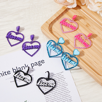 FIBLOOM 4 Pairs 4 Colors Heart with Word Kiss Me Acrylic Dangle Stud Earrings EJEW-FI0002-34-1