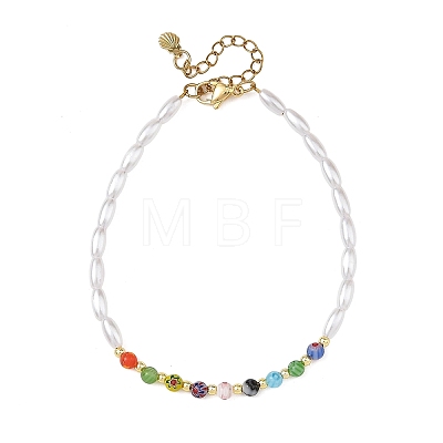 Round Handmade Millefiori Glass and Rice Imitation Pearl Acrylic Beaded Anklets for Women AJEW-AN00859-1