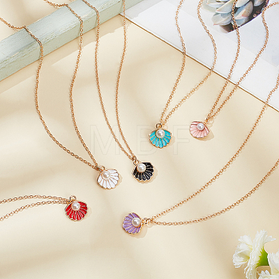 ANATTASOUL 6Pcs 6 Colors Enamel Shell with Plastic Pearl Pendant Necklaces Set for Women NJEW-AN0001-54-1