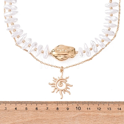 CCB Plastic Sun Pendant Alloy & Imitation Baroque Keshi Pearl Double Layer Necklaces for Women NJEW-Z116-01G-1