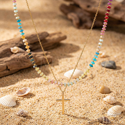 Stainless Steel Religion Cross Pendant Colorful Natural Gemstone Rondelle Beaded Double Layer Necklaces for Women CO5137-1
