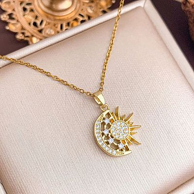 Brass Micro Pave Clear Cubic Zirconia Moon with Sun Pendant 304 Stainless Steel Cable Chain Necklaces for Women WG40DAD-03-1