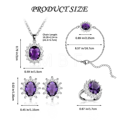 Cubic Zirconia Oval Pendant Necklace & Link Bracelet & Cuff Ring & Stud Earrings SJEW-SZC0001-01D-1