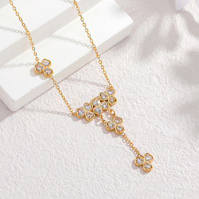 Saint Patrick's Day 304 Stainless Steel Pave Clear Cubic Zirconia Clover Pendant Tassel Necklaces for Women WGAD5E2-03-1