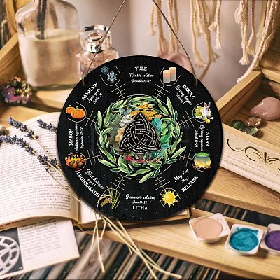 Artsy Woodsy Wheel of the Year Wood Witch Calendar Hanging Wall Decorations HJEW-WH0027-025-1