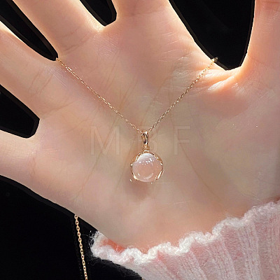 Flat Round Brass Pave Natural Rose Quartz Pendant Necklaces for Women WG46560-02-1