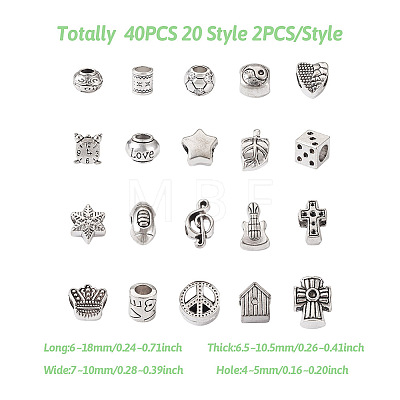 Kissitty 40Pcs 20 Style Zinc Alloy European Beads FIND-KS0001-20-1