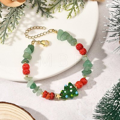 Handmade Lampwork Christmas Tree & Natural Green Aventurine & dyed Freshwater Shell Chip Beaded Bracelets BJEW-TA00760-1