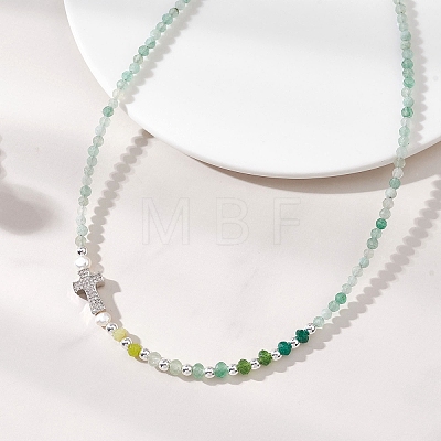 Natural Green Aventurine Faceted Round and Dyed Malaysia Jade & Pearl Beaded Necklaces with Brass Micro Pave Clear Cubic Zirconia Cross NJEW-JN05975-01-1