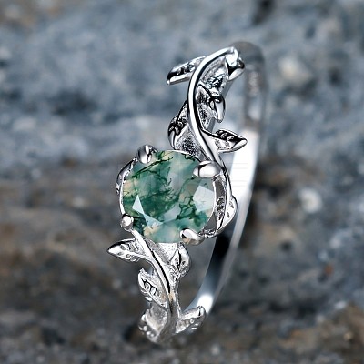 Oval & Leaf 925 Sterling Silver with Moss Agate Finger Rings FS-WGF1EFD-03-1