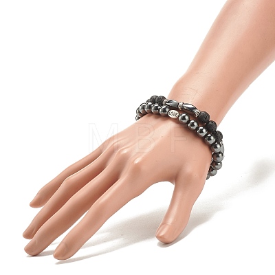 2Pcs 2 Style Natural Lava Rock & Synthetic Hematite Stretch Bracelets Set with Word Love Brass Beads BJEW-JB08186-1