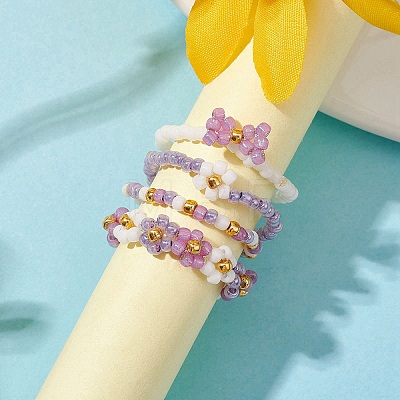 4Pcs 4 Style Glass Seed Beaded Stretch Finger Rings RJEW-JR00661-02-1