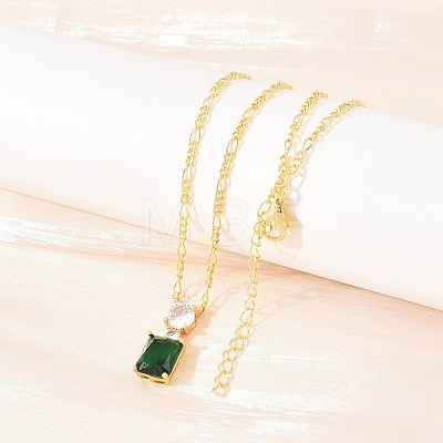Brass Pave Clear Cubic Zirconia & Green Glass Perfume Bottle Pendant Figaro Chain Necklaces for Women NJEW-F364-02G-1