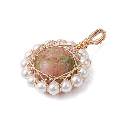 Copper Wire Wrapped Natural Black Agate/Green Aventurine/Rose Quartz/Unakite/Carnelian Pendants PALLOY-JF02891-1