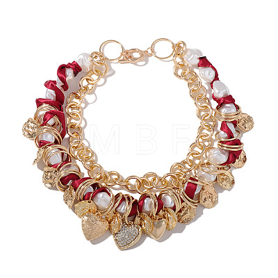 Imitation Pearl Nuggets Beaded and Printed Polyester Cord Alloy Crystal Rhinestone Heart Pendant Bib Necklaces for Women FS-WGED0B9-01-1
