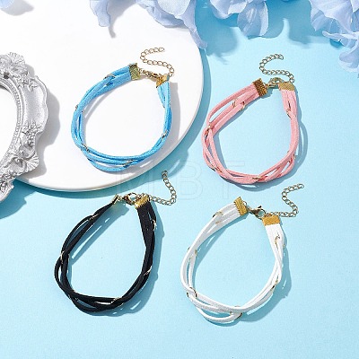 4Pcs 4 Colors Faux Suede Cord Multi-strand Bracelets with 304 Stainless Steel Rings for Women BJEW-JB10404-1