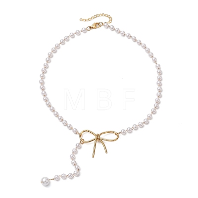 Shell Pearl & ABS Plastic Imitation Pearl Round Beaded Bowknot Pendant Necklaces for Women NJEW-JN05060-1