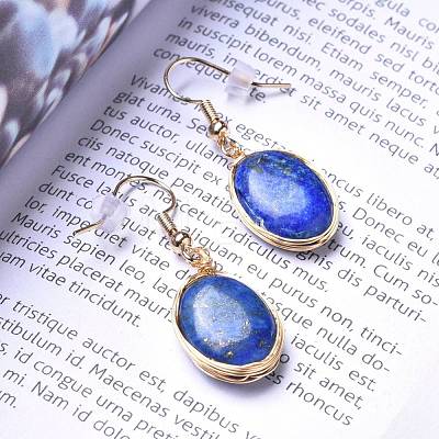Wire Wrapped Natural Lapis Lazuli Dangle Earrings EJEW-JE04283-03-1