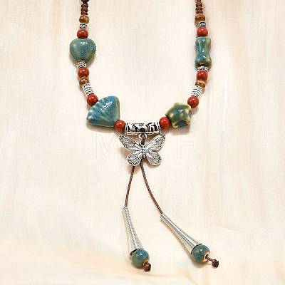 Ethnic Style Alloy & Porcelain Ceramic Beads Butterfly Pendant Tassel Y Necklaces NJEW-D308-01B-1