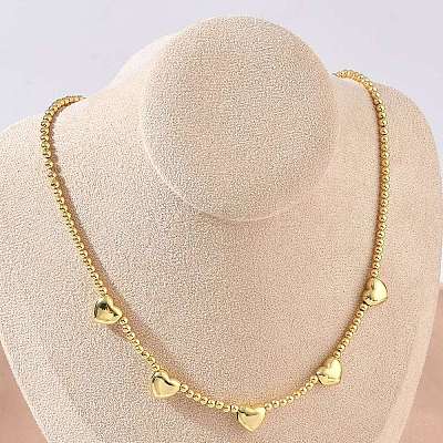 Brass Round Heart Beaded Necklaces NJEW-Z120-01G-1