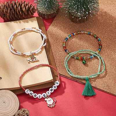 4Pcs 4 Style Word Christmas Plastic & Glass Beaded Stretch Bracelets Set BJEW-JB09392-1