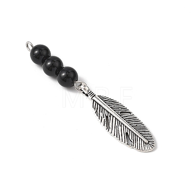Alloy Feather with Round Synthetic Black Stone Beads Big Pendants PALLOY-JF04696-1