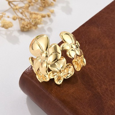 Flower Brass Cuff Rings for Women RJEW-B119-14G-01-1