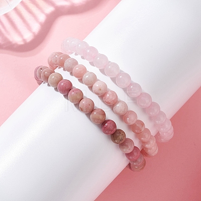 3Pcs Natural Rhodochrosite & Rose Quartz & Pink Opal Round Beads Stretch Bracelets for Women BJEW-JB12836-1