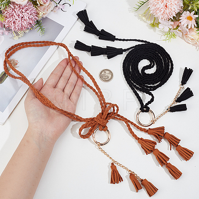 2Pcs 2 Colors Bohemian Imitation Leather Tassel with Alloy Ring Waist Chain Belts for Women AJEW-CL0005-22B-1