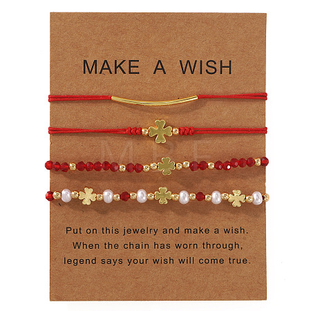 Faux Pearl & Brass & Glass Braided Bead Bracelet Sets WG4426-16-1