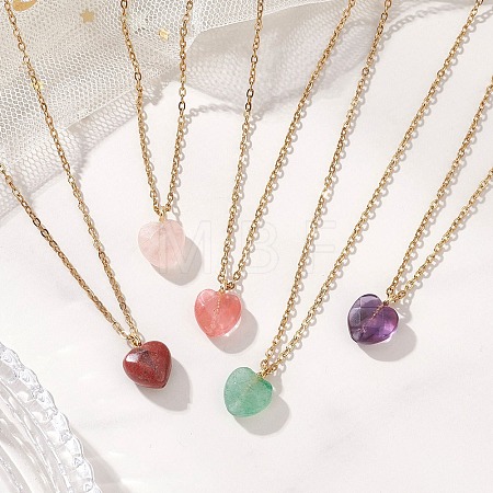 Cherry Quartz Glass & Natural Red Rainbow Jasper & Green Aventurine & Amethyst & Rose Quartz Heart Pendant 304 Stainless Steel Cable Chain Necklaces for Women NJEW-JN05796-1