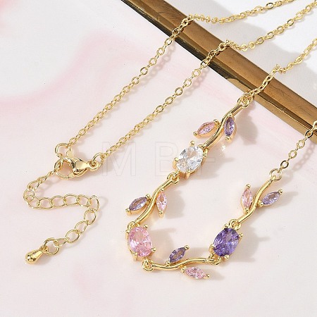Brass Pave Cubic Zirconia Rose Flower Link Cable Chain Necklaces for Women NJEW-C121-05B-06G-1