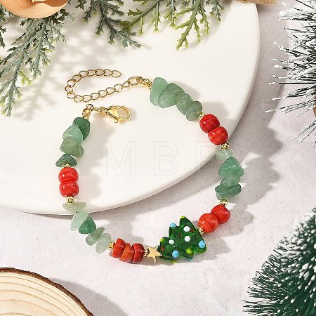Handmade Lampwork Christmas Tree & Natural Green Aventurine & dyed Freshwater Shell Chip Beaded Bracelets BJEW-TA00760-1