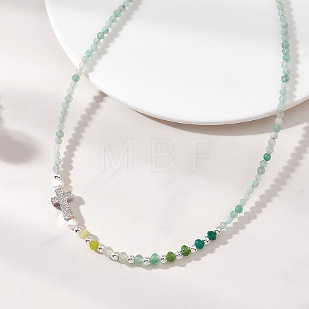 Natural Green Aventurine Faceted Round and Dyed Malaysia Jade & Pearl Beaded Necklaces with Brass Micro Pave Clear Cubic Zirconia Cross NJEW-JN05975-01-1