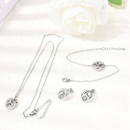 304 Stainless Steel Oval Pendant Necklaces & Bracelets & Stud Earrings Sets SJEW-P008-02P-1