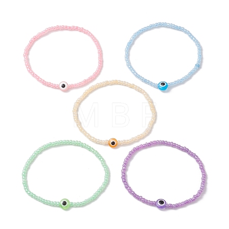 5Pcs 5 Colors Evil Eye Resin & Glass Seed Beaded Stretch Bracelet Sets BJEW-JB10477-1