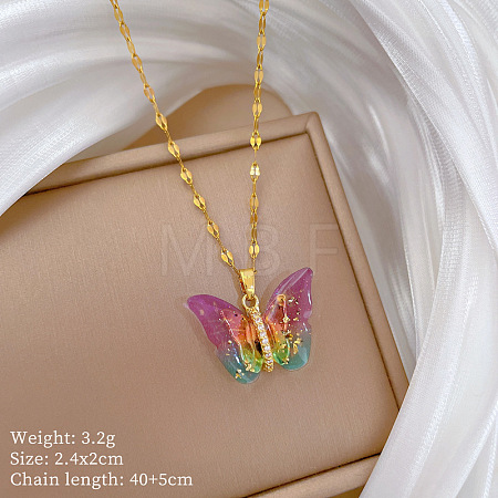 Brass Crystal Rhinestone Resin Glitter Butterfly Pendant 304 Stainless Steel Dapped Chain Necklaces for Women WG45291-02-1