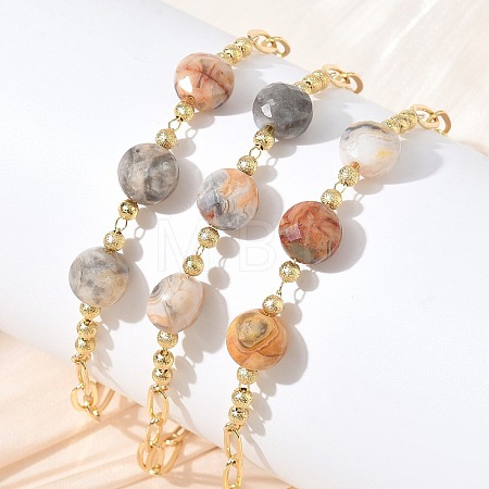 Natural Crazy Agate Faceted Flat Round Beaded Brass Paperclip Chain Bracelets GG-CBA37F5-02G-09-1